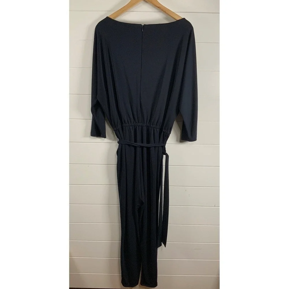 Lauren Ralph Lauren Womens Stretch Jersey Jumpsuit M Blue Tie Keyhole 3/4 Sleeve - Picture 5 of 14